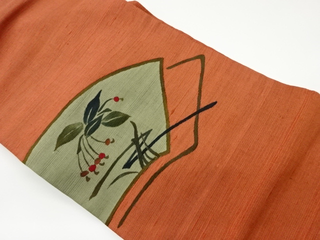 リサイクル　手描き地紙に葉・実模様刺繍名古屋帯